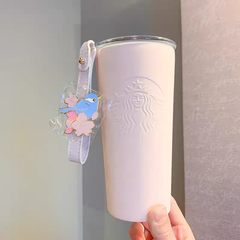 Starbucks China 2022 Sakura Season 355ml pink stainless steel cup with blue bird sakura pin