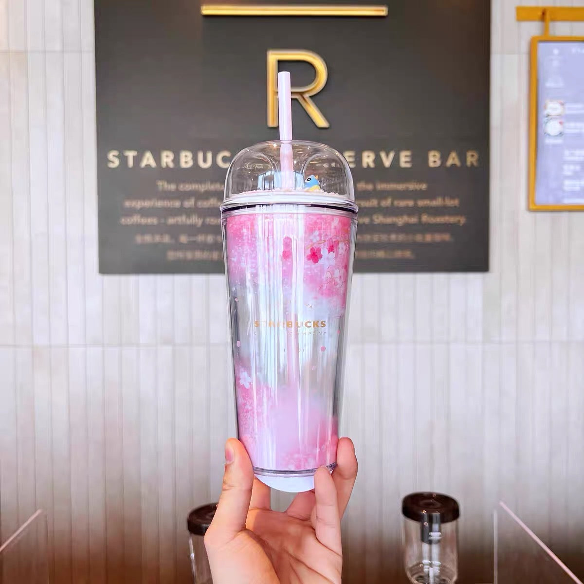 Starbucks China 2022 Sakura Season 473ml blue bird pink sakura double plastics cup with straw
