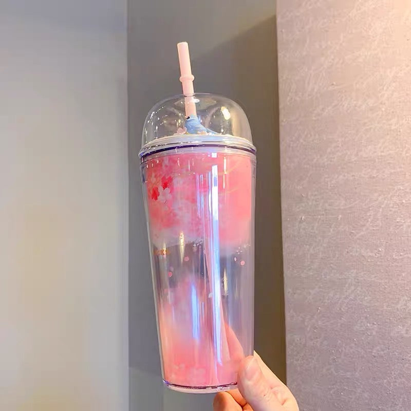 Starbucks China 2022 Sakura Season 473ml blue bird pink sakura double plastics cup with straw