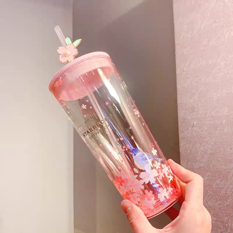 Starbucks China 2022 Sakura Season 591ml blue bird pink sakura double glass cup with straw