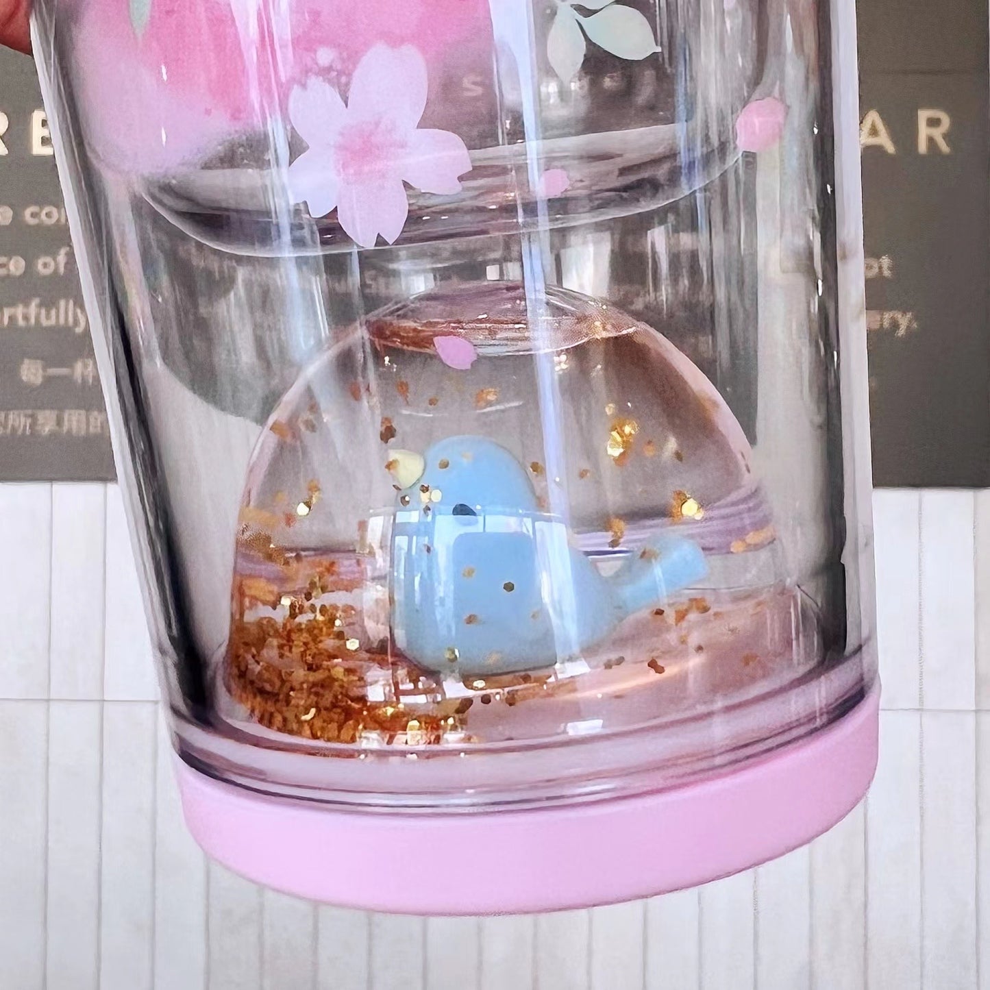 Starbucks China 2022 Sakura Season 355ml blue bird pink sakura double glass cup