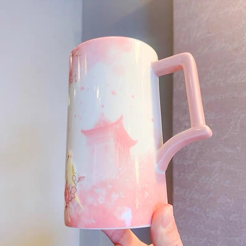 Starbucks China 2022 Sakura Season 473ml yellow bird with pink sakura view ceramics mug with stir bar