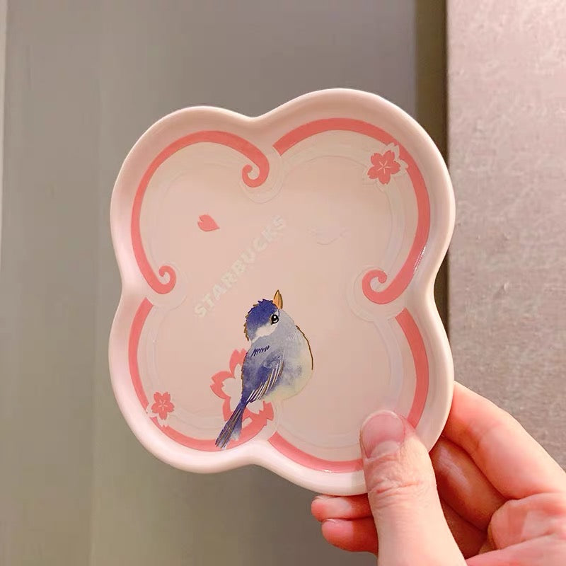 Starbucks China 2022 Sakura Season 370ml pink sakura ceramics mug with pink and blue bird ceramics plate