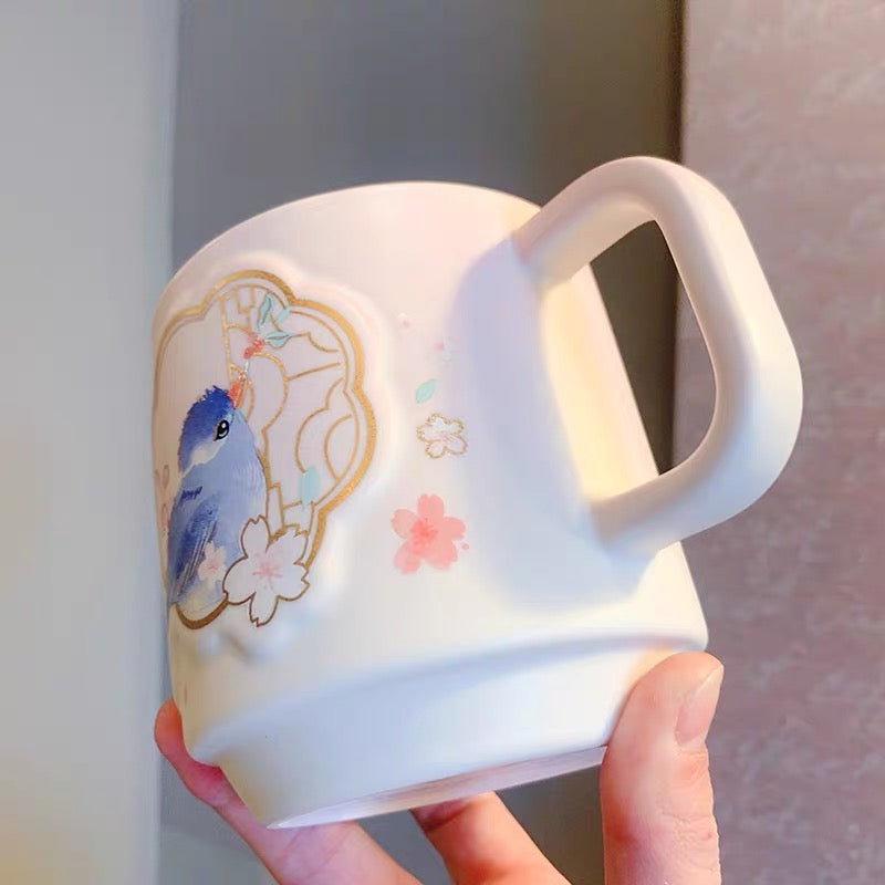 Starbucks China 2022 Sakura Season 435ml pink sakura with blue bird ceramics mug
