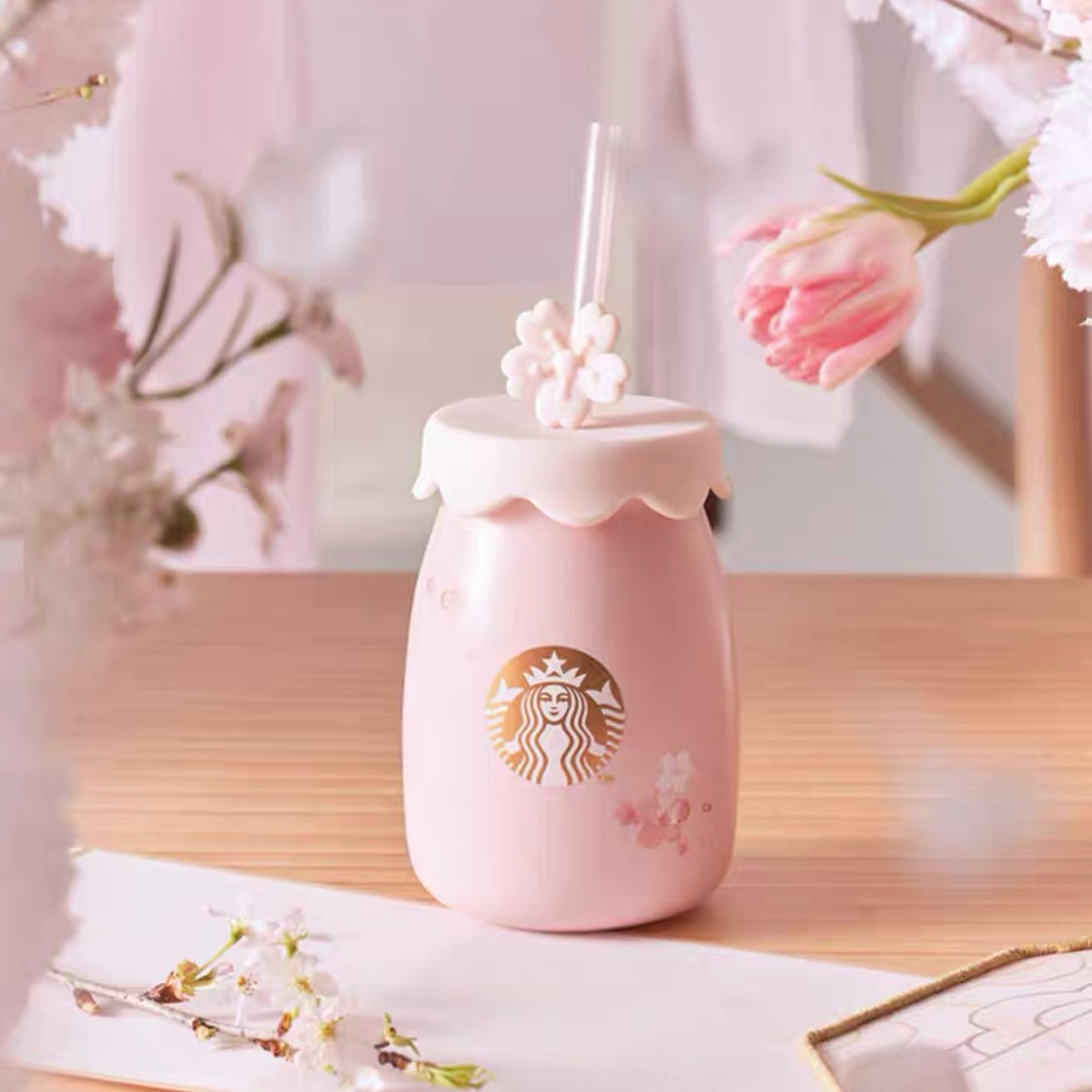Starbucks China 2022 Sakura Season 330ml pink sakura milk can ceramics mug with straw