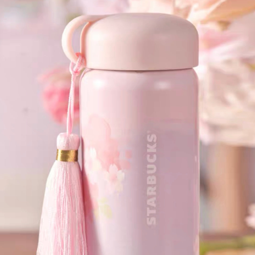 Starbucks × Thermos China 2022 Sakura Season 355ml pink sakura with blue bird stainless steel vacuum cup with tassels pendant