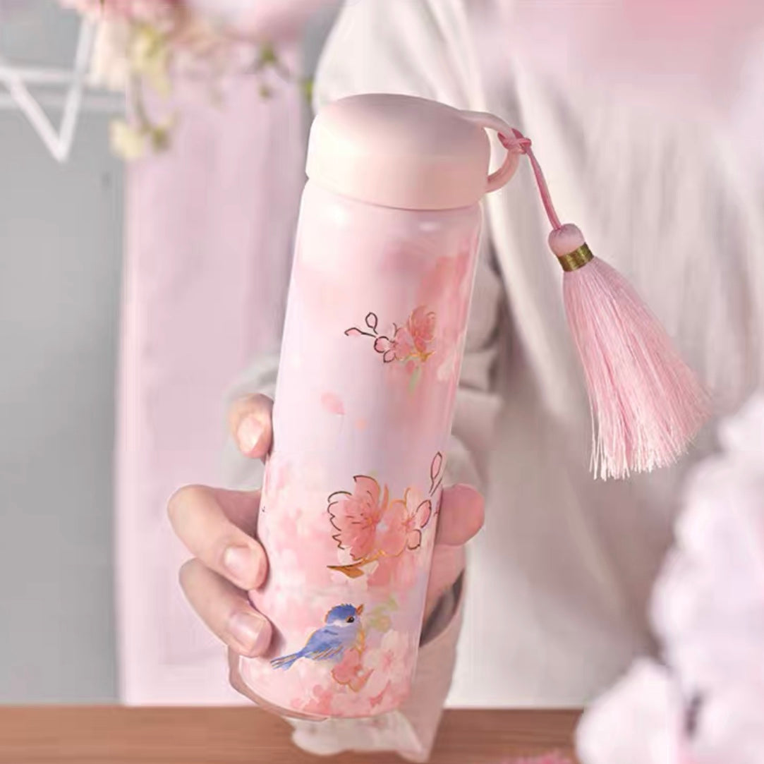 Starbucks × Thermos China 2022 Sakura Season 355ml pink sakura with blue bird stainless steel vacuum cup with tassels pendant