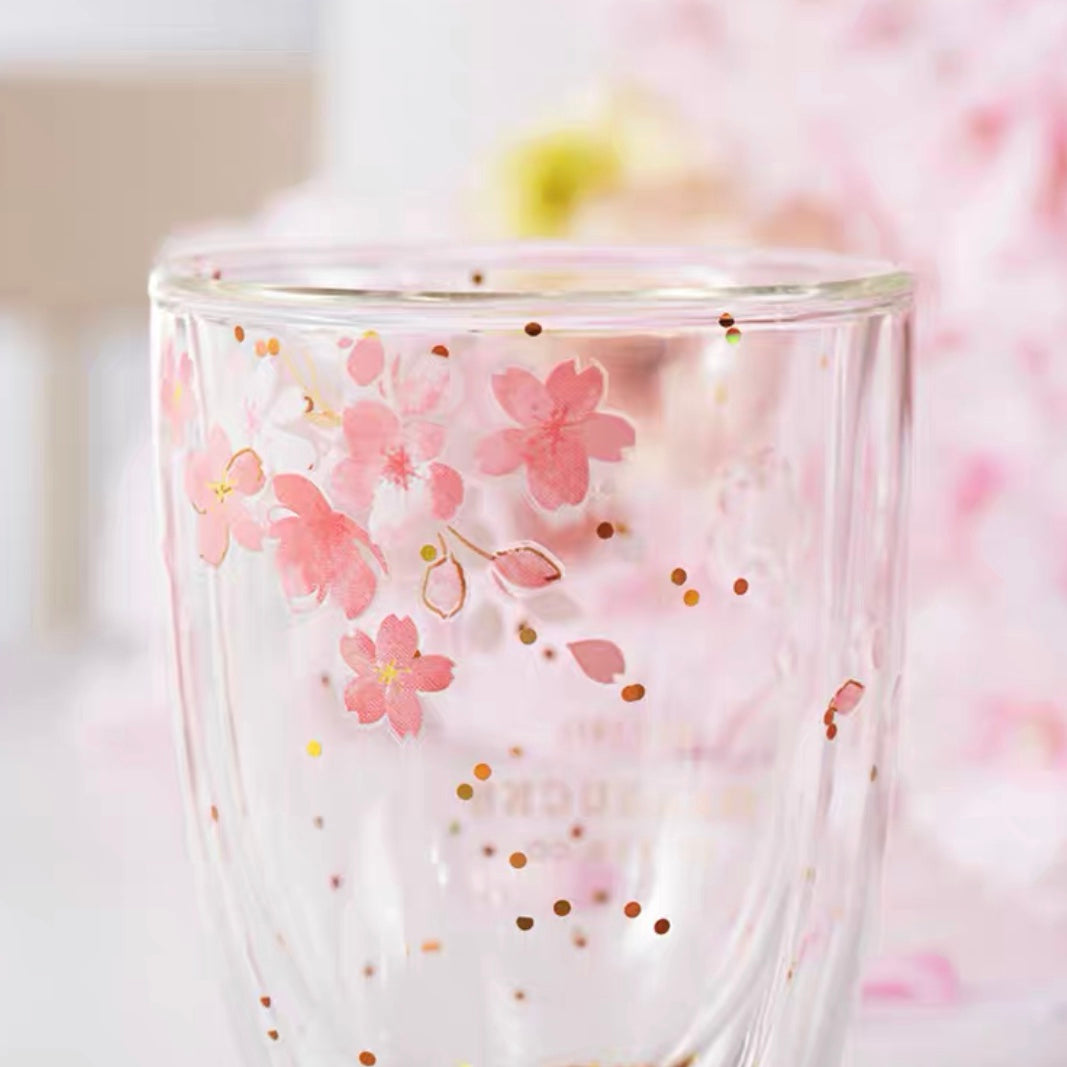 Cherry Blossom Sakura Double Walled Glitter Glass Mug 355ml/12oz