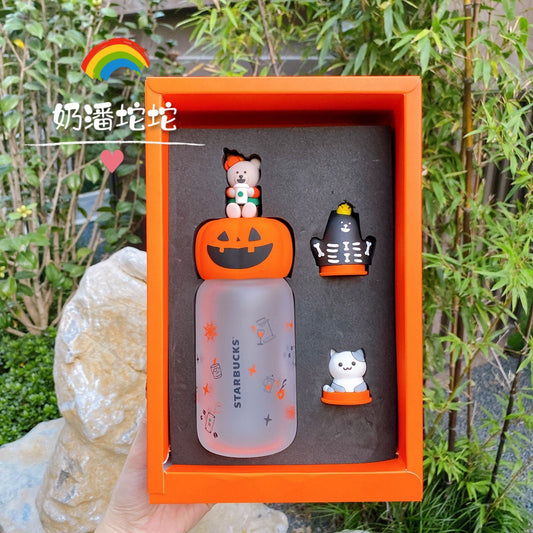 Starbucks China 370ml 2020 Halloween pumpkin glass cup with 3 cover set