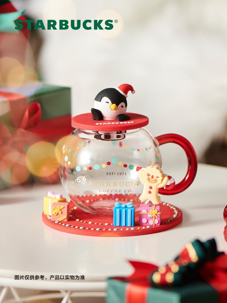 Starbucks China 400ml 2021 Christmas penguin gift box glass cup with cup mat and cover