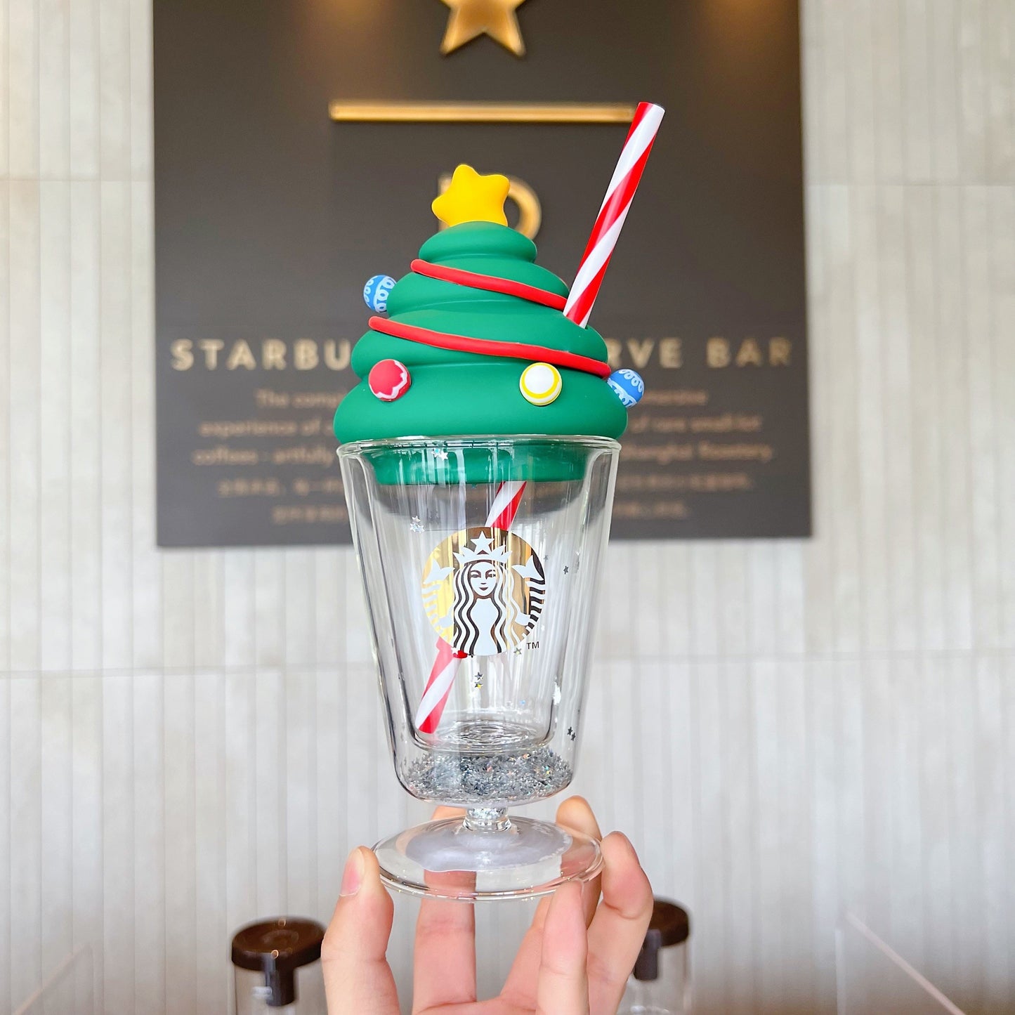 Starbucks China 255ml 2021 Christmas tree double-glass cup with straw