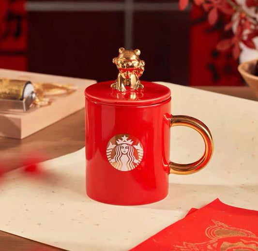 Starbucks China 400ml 2022 new year cute tiger series red ceramics mug with golden tiger cup cover