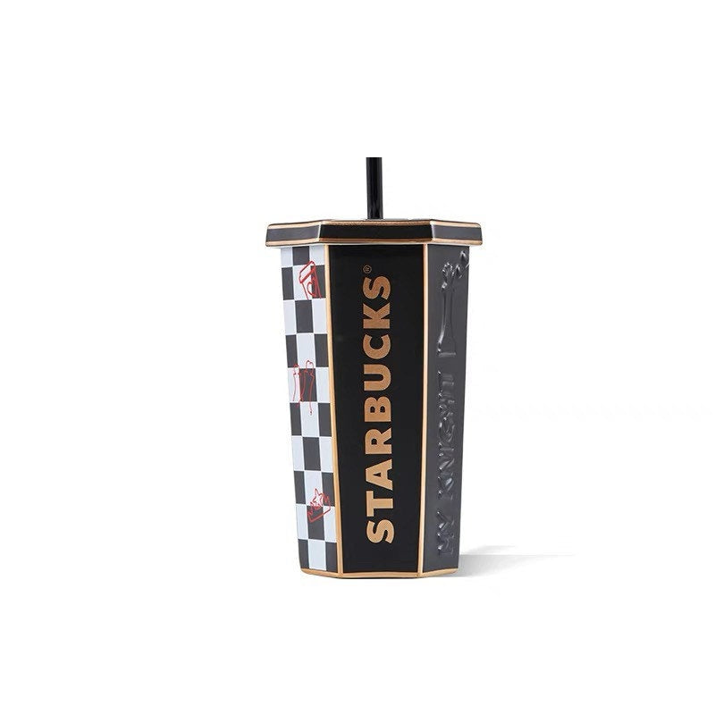Starbucks China 460ml Valentine‘s Day chess series white&black chess board ceramic mug with straw