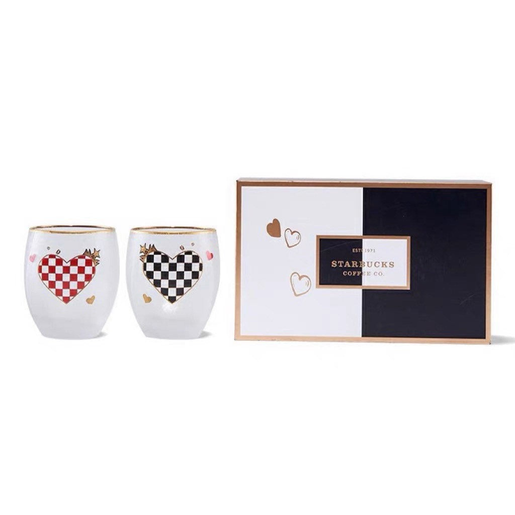 Starbucks China 350ml Valentine‘s Day chess series red&black chess board heart glass couple cup set