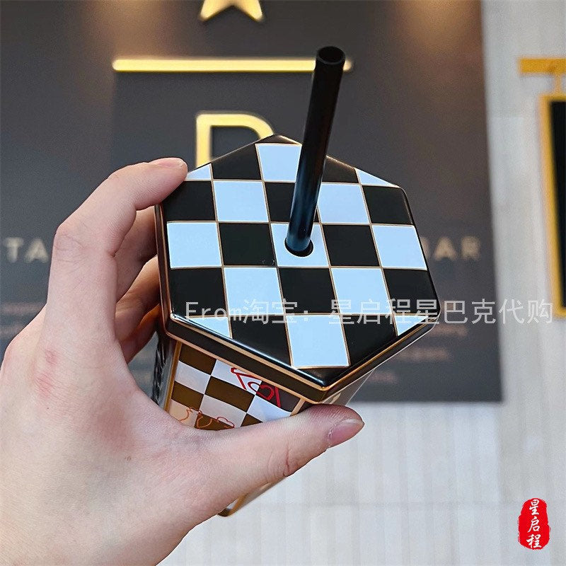 Starbucks China 460ml Valentine‘s Day chess series white&black chess board ceramic mug with straw