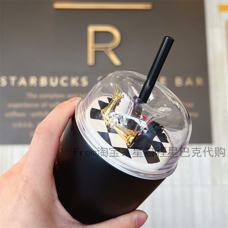 Starbucks China 473ml Valentine‘s Day chess series white&black chess board and piece stainless cup with straw