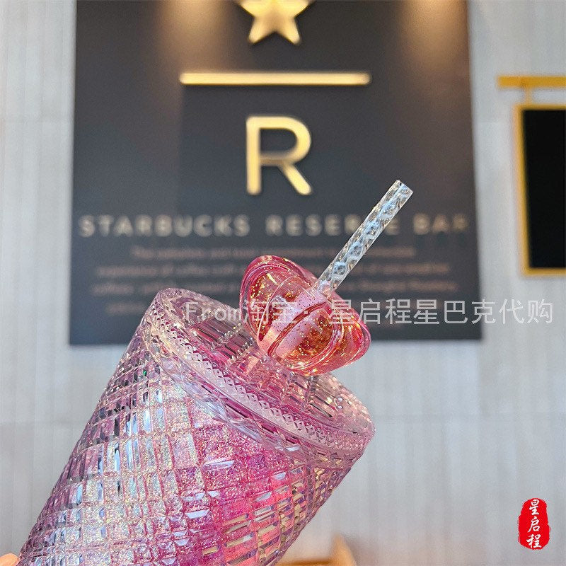Starbucks China 710ml Valentine‘s Day series sparkling crown pink gradient double-layer straw cup
