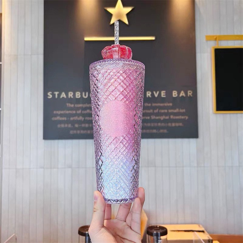 Starbucks China 710ml Valentine‘s Day series sparkling crown pink gradient double-layer straw cup